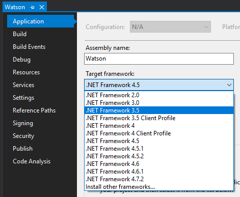 Setting to .NET 3.5 for execution